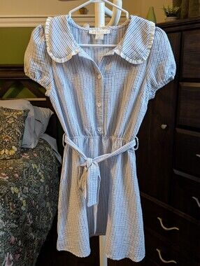 Monteau Blue Stripe Belted Button-Front Dress with Peter Pan Collar